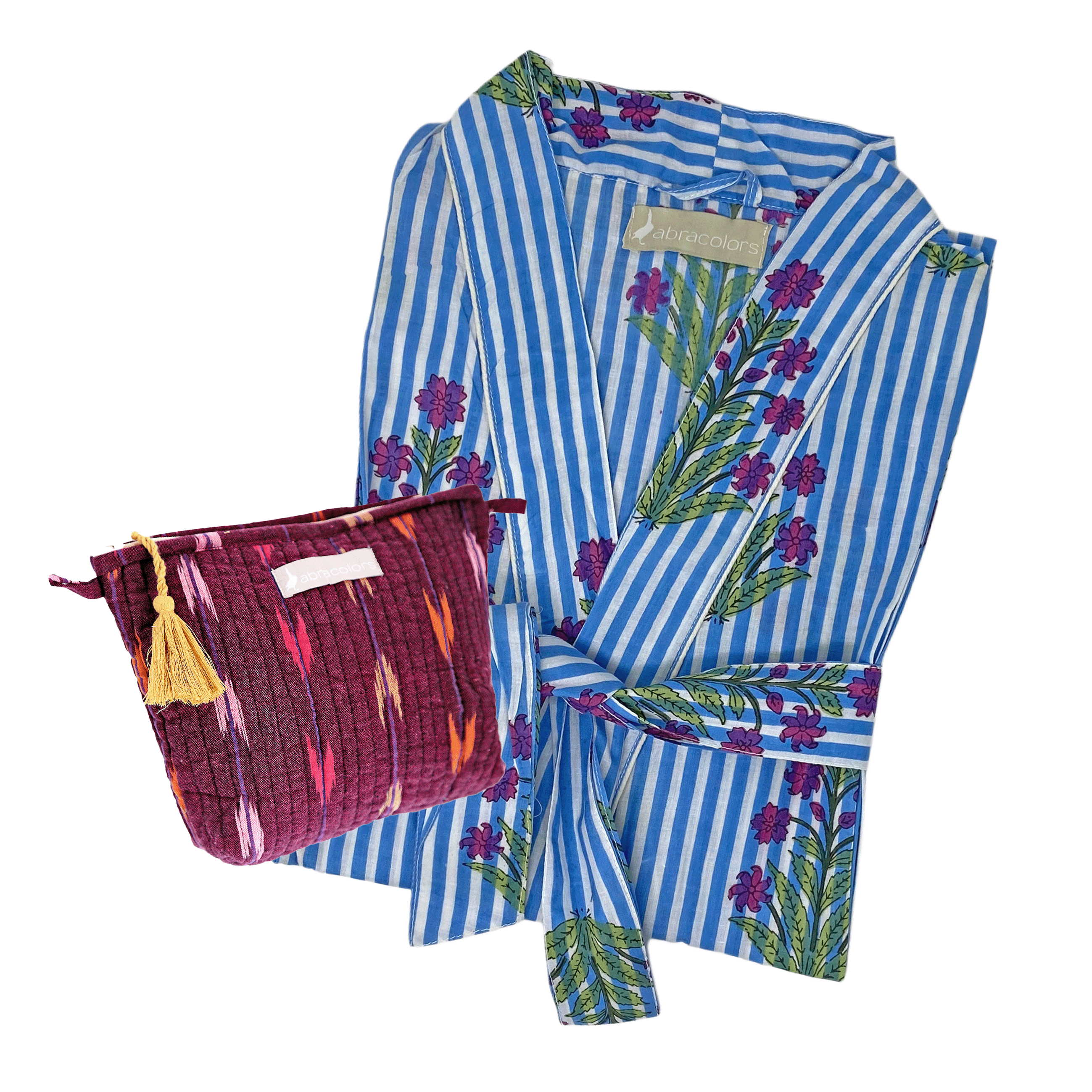 Conjunto kimono rayas azul y bolsita ikat